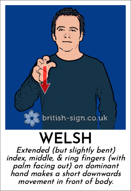 Welsh: Extended (but slightly bent) index, middle, & ring fingers (with palm facing out) on dominant hand makes a short downwards movement in front of body.